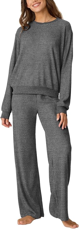 Aamikast Women's 2-Piece Lounge Set Soft Brushed Jersey Sleepwear Pajamas Set Long Sleeve Top & Wide Leg Pants