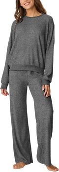 Aamikast Women's 2-Piece Lounge Set Soft Brushed Jersey Sleepwear Pajamas Set Long Sleeve Top & Wide Leg Pants