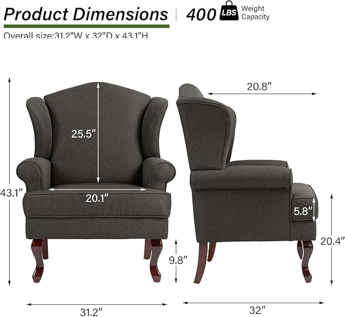 DREAMSIDEA Accent Chair, High Back Upholstered Armchair with High Resilience Sponge & Wood Legs, Mid-Century Modern Comfy Single Sofa Reading Chairs for Living Room, Bedroom (Dark Grey, Set of 2)