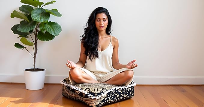 CRAFT KALA 18" Square Large Hippie Mandala Meditation Floor Ottoman Pillow Cushion Pouf Cover Square Poufs Bohemian Circle Floor Cushion Case Outdoor Fireplace Yoga Living Room Decor Cover Black Gold
