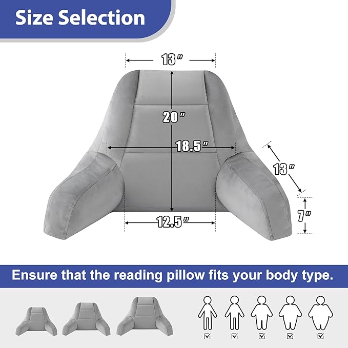 IASEAHK Reading Pillows for Sitting in Bed Adult, Back Pillow for Bed Sitting Up, Backrest Pillows with Shredded Foam for Adult&Teens, Support Pillow with Arms for Beds, Couch, Floor, 20in, Grey