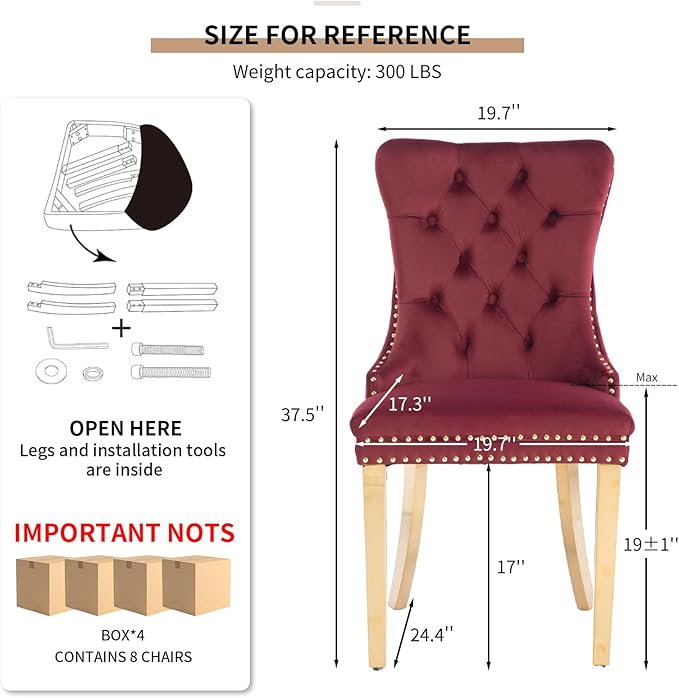 YeahFurn Mid Century Modern Dining Chairs Set of 8, Red Velvet Upholstered Tufted Back, Kitchen & Dining Room Chairs, Gold Metal Legs, Nailhead Trim, Sillas para Comedor (Red, 8 Pcs)
