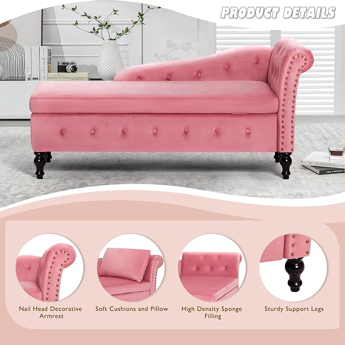 ACMEASE Upholstered Chaise Lounge with Right Armrest & Lumbar Pillow,Button Tufted Lounge Sofa with Storage,Lounge Chair Indoor,Modern Velvet Lounge Chair for Bedroom, Living Room and Office,Pink