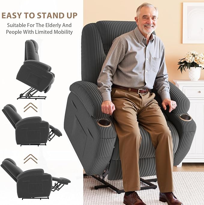 Flamaker Power Lift Chair Massage Recliner Chairs for Elderly, Corduroy Ergonomic Design with Cup Holders & Side Pockets, Remote Control (Dark Gray)