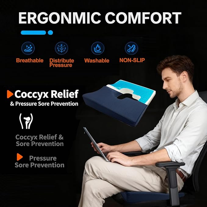 Rivquvi Gel Wheelchair Seat Cushion,Bed Sore Cushions for Butt,hemorrhoid pillow for Chair,Pressure Sore cushion,Memory Foam Butt Pillow,Sciatica,Coccyx,Pressure Ulcer Pain Relief,Washable Cover(Blue)