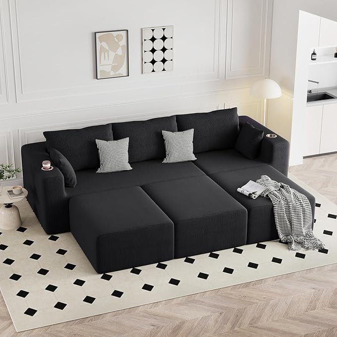 Furnimart 41" Big Oversized Ottoman for Modular Sectional Sofa Bed, Modern Boneless Large Ottoman Compression Footstool Cloud Couches for Living Room, No Assembly Corduroy Black