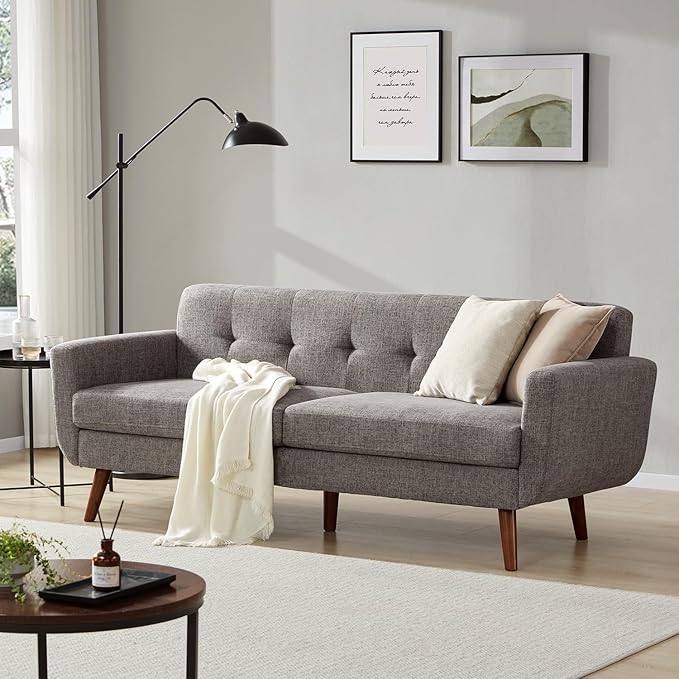 Tbfit 77.2" W Linen Sofa Couch, Mid Century Modern Decor Loveseat Couches for Living Room, Button Tufted Upholstered Small Couch for Bedroom, Solid, and Easy to Install Love Seats Furniture, Grey | linen fabric, button tufted, solid wood foot, pocket s...