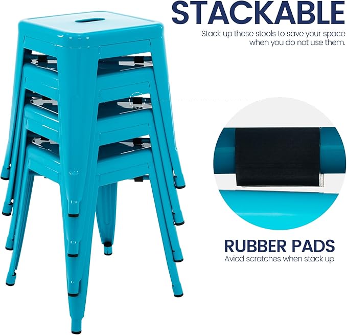 Brage Living 18 Inch Industrial Metal Stools Set of 4, Stackable Classroom Stools, Backless Metal Dining Chairs for Indoor Outdoor, Kitchen Short (Teal Blue)