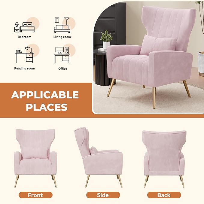 Nalupatio Modern Accent Chairs for Set of 4 Upholstered Velvet Fabric Reading Chair Mid Century Arm Chair Comfy Armchair for Living Room,Pink