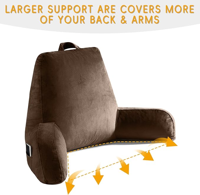 OAISZ Reading Pillow for Sitting in Bed Adult, Reading Pillow with Shredded Memory Foam, Back Pillow for Sitting Up with Extend Arms, Pockets, Bed Pillow with Washable Cover,Brown, X-Large