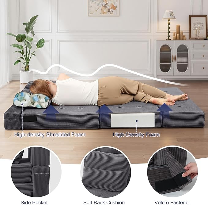 COMAX Folding Sofa Bed, Foldable Couch for Bedroom, Convertible Floor Sleeper Futon Chair Foam, Corduroy 3 in 1 Fold Out Chair Portable Comfy Lounge Couch Sofa Bed for Small Space, Full, Grey