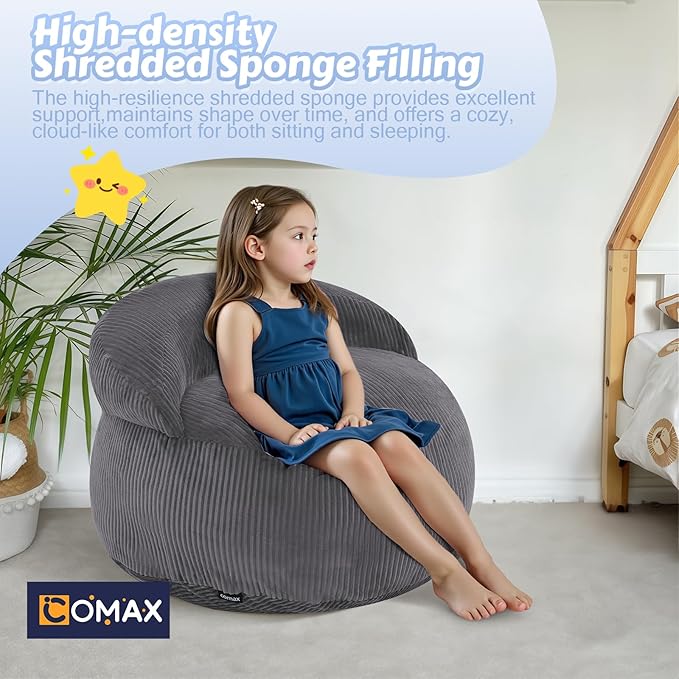 COMAX Bean Bag Chair for Kids, Convertible Toddler Beanbag Bed Corduroy, Children Bean Chair Stuffed to Floor Mattress with Filler, Grey