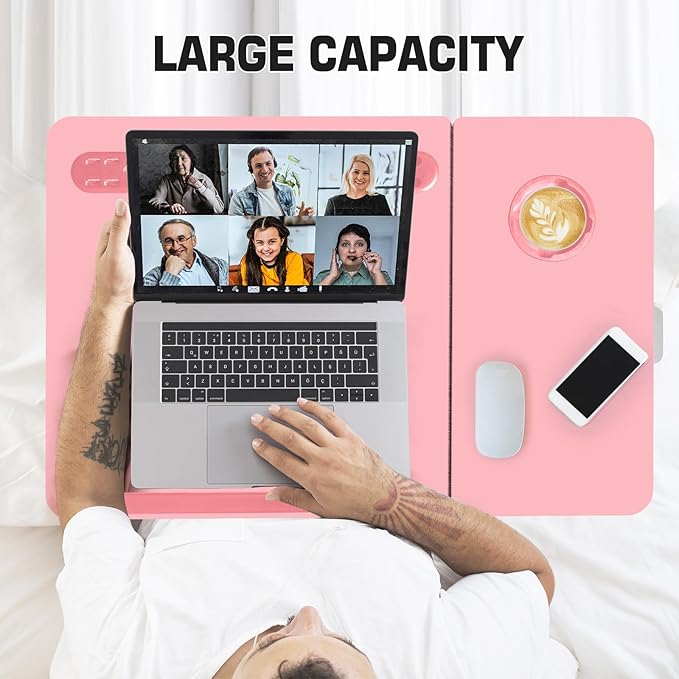 CloudTrip Plus XL Adjustable 17in Laptop Desk with Light, USB Port, iPad Holder, Drawer Storage - Larger 23.6IN Adjustable Lap Desk for Bed, Home Office, Breakfast Tray, Fordable Legs Desk (Pink)