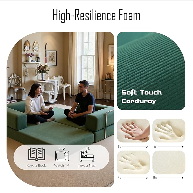 79 Inch Convertible Sofa Bed Couch in Box, 5 in 1 Folding Modular Boneless Couch with Pull Out Bed 2 Pillows, Soft Corduroy Floor Futon Lounge Loveseat Sleeper Lazy Cama No Assembly Green