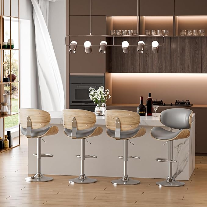 Aowos Bar Stools Set of 4, Adjustable Swivel Leather Bar Stools for Kitchen Island, Mid Century Modern Counter Height Bar Chairs Barstools with Back & Footrest (Grey)