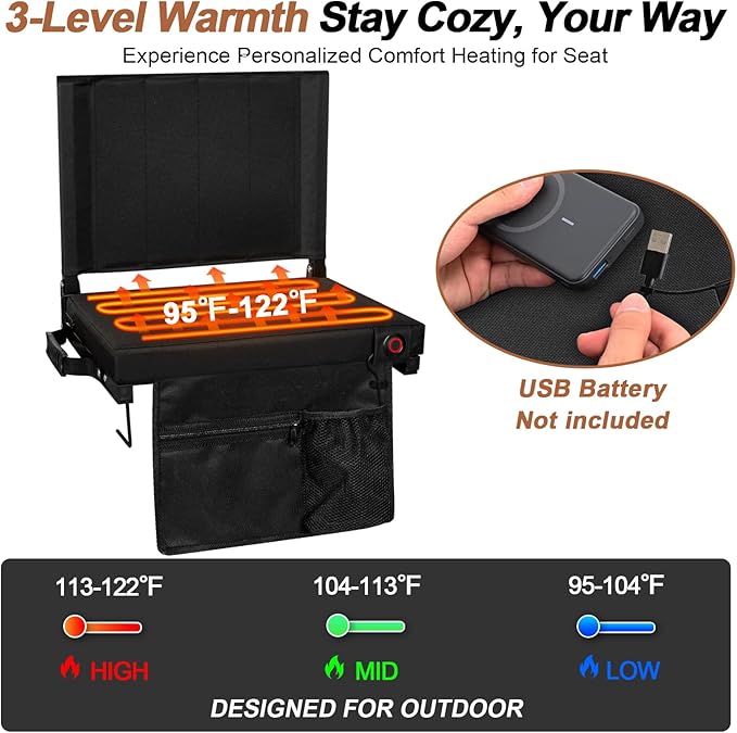 Romswi 2PK 3-Level Heated Stadium Seats for Bleachers with Back Support,Padded Bleacher Seats with Comfort Thick Cushion,Portable Folding Waterproof Bleacher Chair,with Shoulder Strap for Outdoors