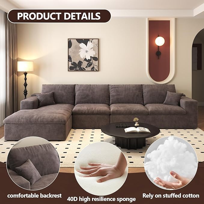 136.6'' L-Shaped Modern Modular Sectional Cloud Couch, 4-Seat Chenille Deep-Seat Sofa with Pillow for Living Room, Bedroom, Apartment, Camel