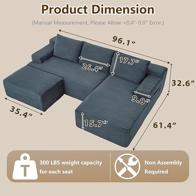 96" U-Shape Cloud Couch, Modern Modular Sectional L-Shape Sofa with Ottoman, Corduroy Upholstered Couches Deep Seat Sleeper Chaise Longue for Living Room, No Assembly Required(Dark Gray, Right Facing)