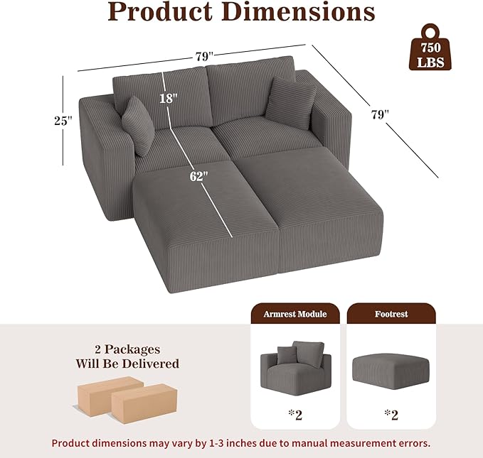 79" Modular Sectional Sofa, Boneless Couch Loveseat Memory Foam Cloud Couch with Ottoman, Cozy 2 Seater Corduroy Floor Couch, No Assembly Required Living Room Furniture for Apartment Bedroom, Grey