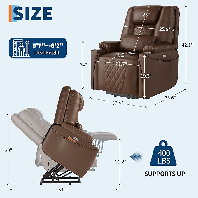 Power Lift Recliner Chair, Easy Lift Assist for Elderly, 3-Position Recline, Storage Pockets & Cup Holders, USB Charging Ports, Remote Control Operation, Living Room or Bedroom Comfort, Brown