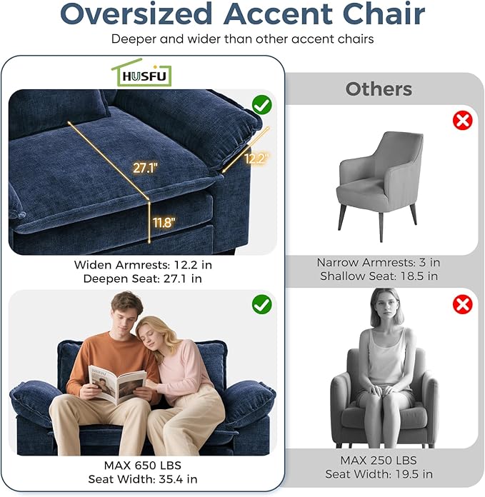 HUSFU Accent Chair with Ottoman, Oversized Chenille Cloud Couch Chair with Deep Seat and Extra Wide Armrests, Comfy Reading Armchair for Bedroom, Living Room, Blue