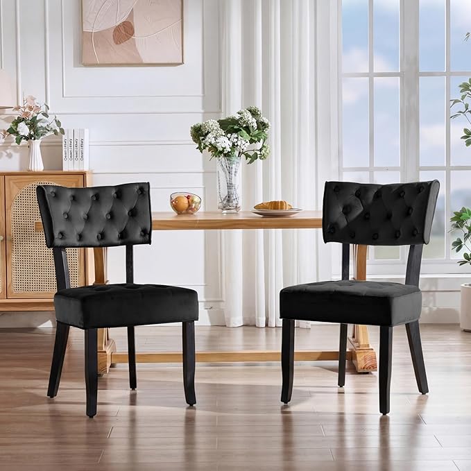 UVV Upholstered Dining Chairs Set of 6, Mid Century Modern Tufted Kitchen Chairs Dining Room Chairs, Velvet Dinner Chair with Wood Legs for Dining Room Kitchen, Black-Black Legs