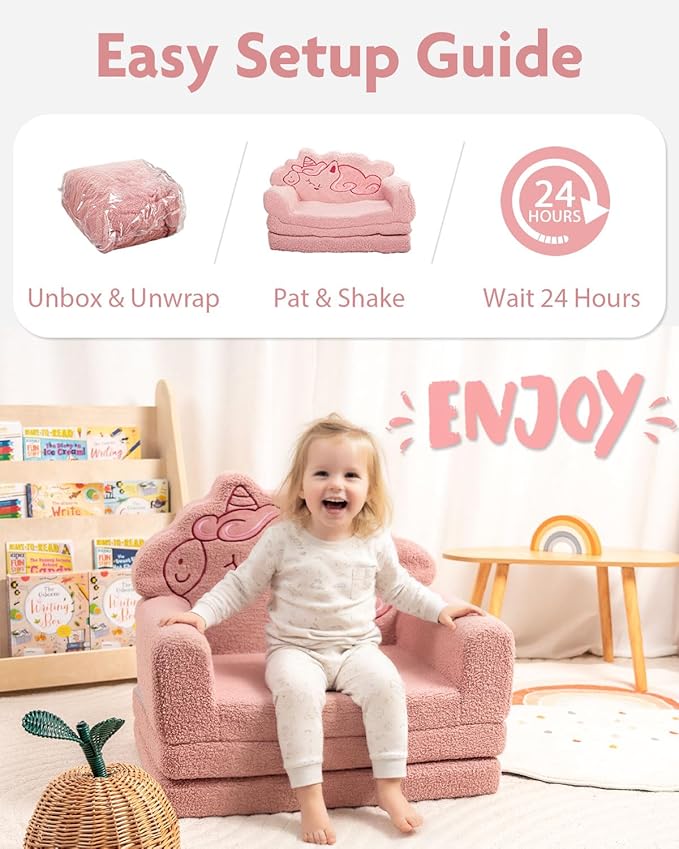 TinyPalsa Kids Couch, Convertible Sofa to Lounger Fold Out, Pink Magical Pony Design Chair for Toddlers 1-3, Gift for Birthday, Movie Night