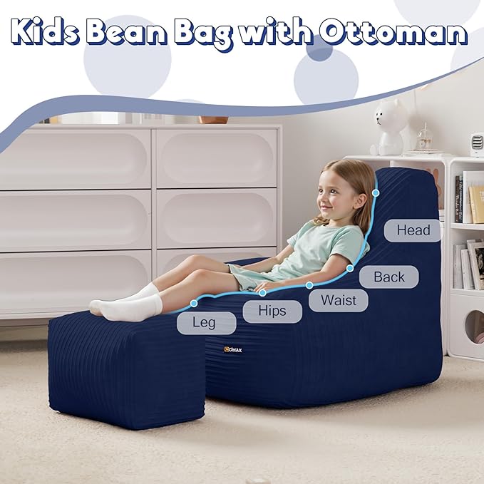 COMAX Kids Bean Bag Chair, Toddler Beanbag Chairs for Kids with Ottoman for Boys and Girls, Corduroy Couch Lounge with Filler Included, Floor Children Sofa Comfy for Reading and Classroom, Navy