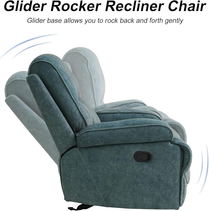 KeyEnergy Manual Rocker Recliner Chair for Adults, High Back Glider with Deep Seat, Upholstered Fabric Armchair for Living Room & Nursery, Blue