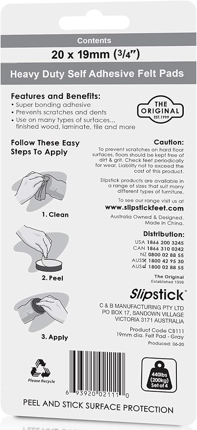 Slipstick Premium Wool Felt Furniture Pads/Small Chair Feet Floor Protectors (3/4 Inch Round) Includes 20 Heavy-Duty Felt Pads with Self Stick Adhesive, Gray, CB111