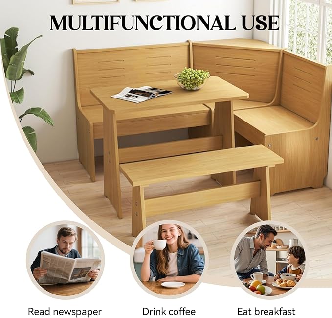 Breakfast Nook Corner Dining Table Kitchen Bench Chair Set, Space-Saving 3-5 People Seat Reversible L-Shape for Family Home Natural Wood