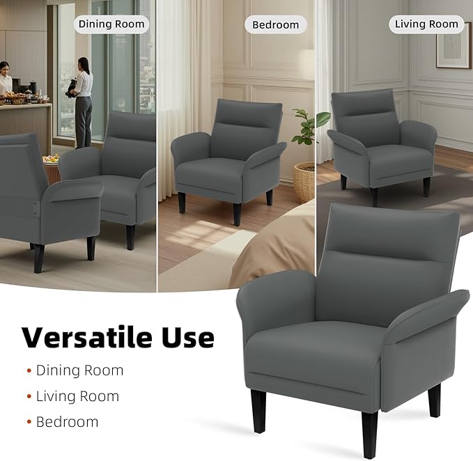 2-Pack Faux Leather Accent Sofas, Symmetrical Shawl Armchairs with Wide Armrests & Wooden Legs, Gray Sofa Chairs Set for Bedroom, Living Room, Compact Spaces