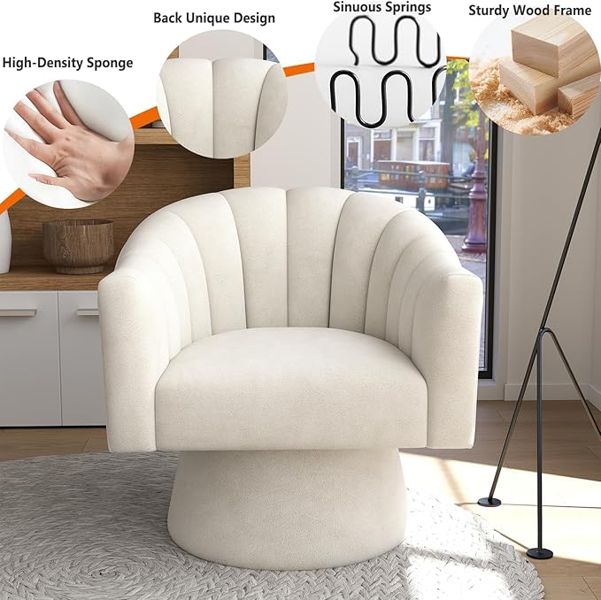 Swivel Accent Chair,Upholstered Velvet 360° Swivel Barrel Chair for Living Room Overstuffed Bouncle Reading Chair Round Armchair for Bedroom,Vanity,Office(Beige)