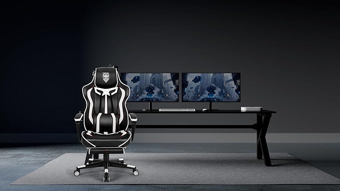 Vonesse Gaming Chair with Footrest,Reclining Computer Gaming Chair for Adults,Big and Tall Gamer Chair with Massage,Ergonomic High Back (White/Black)