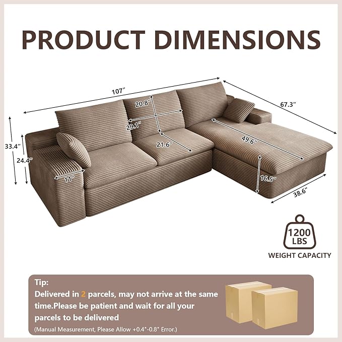 107 Inch Modular Sectional Sofa with Deep Seat, Corduroy Cloud Sectional Couch, Modern Boneless Couches with L-Shape Chaise for Living Room Bedroom, No Assembly Required (Camel, Right Facing Chaise)