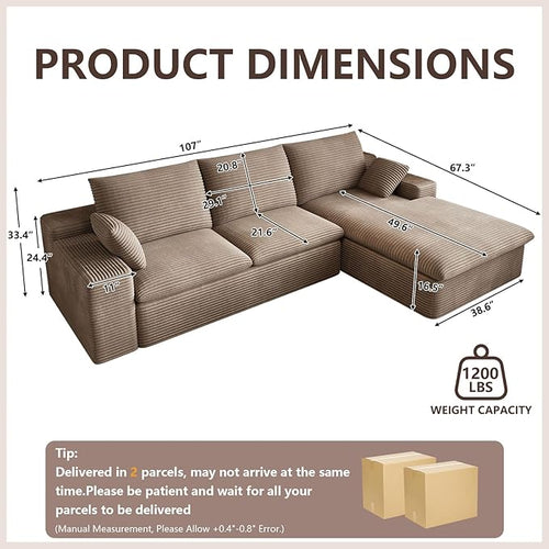 107 Inch Modular Sectional Sofa with Deep Seat, Corduroy Cloud Sectional Couch, Modern Boneless Couches with L-Shape Chaise for Living Room Bedroom, No Assembly Required (Camel, Right Facing Chaise)