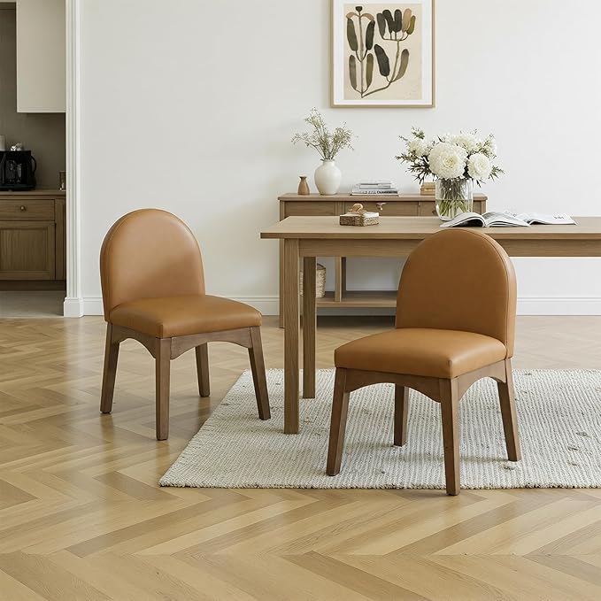 HNY Mid Century Modern Dining Chairs Set of 6, Faux Leather Upholstered Dining Room Chairs Armless Kitchen Chairs with Solid Rubberwood Legs, Accent Side Chairs for Living Room, Brown