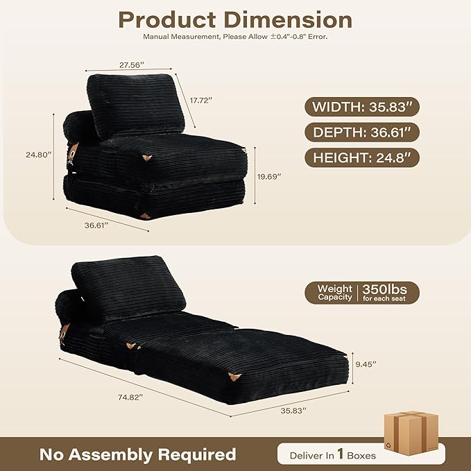 75''Foldable Sofa Bed,Black Convertible Folding Sleeper Chair Bed,Foldable Single Sofa Foam Filling Couch with Pillow, Comfy Corduroy Lazy Floor Sofa for Small Room Living Room Bedroom Apartment