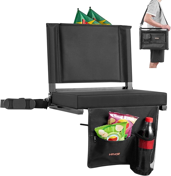 VEVOR Stadium Seat, Folding Bleacher Chair with Back Support and Thick Cushion, Padded Stadium Seat for Bleacher Includes Shoulder Strap, Hooks, Cup Holder, and Side Pocket, Black Bleachers Chair