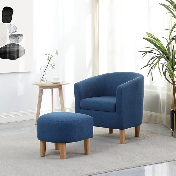 DAZONE Accent Chair, Mid Century Modern Chair with Ottoman, Comfy Arm Footrest Set Comfortable Living Room Chairs Upholstered Barrel Round Club Tub Sofa for Bedroom Reading Room, Blue Set of 1
