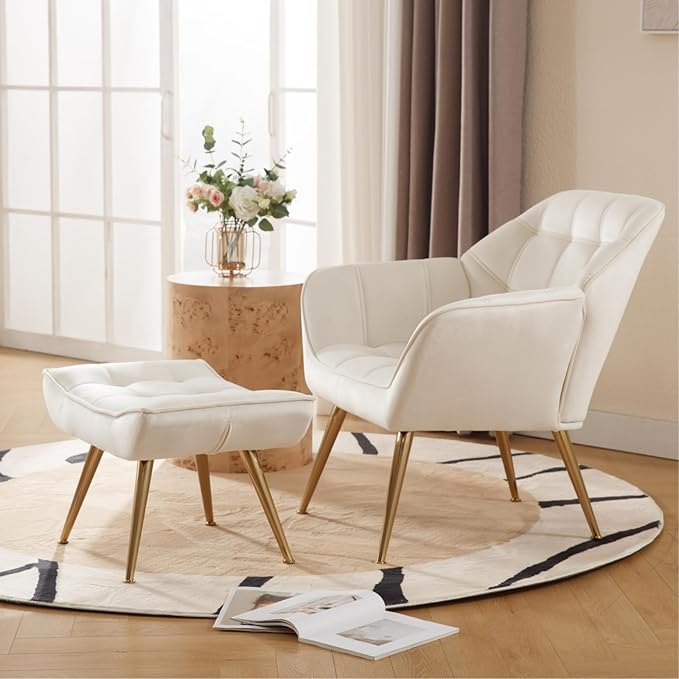 Accent Chair with Ottoman, Upholstered Velvet Armchair with Wood Legs Fluffy Armchair Side Chair Sofa Chair Reading Chair Living Room Chair with Footstool for Bedroom Apartment, Cream