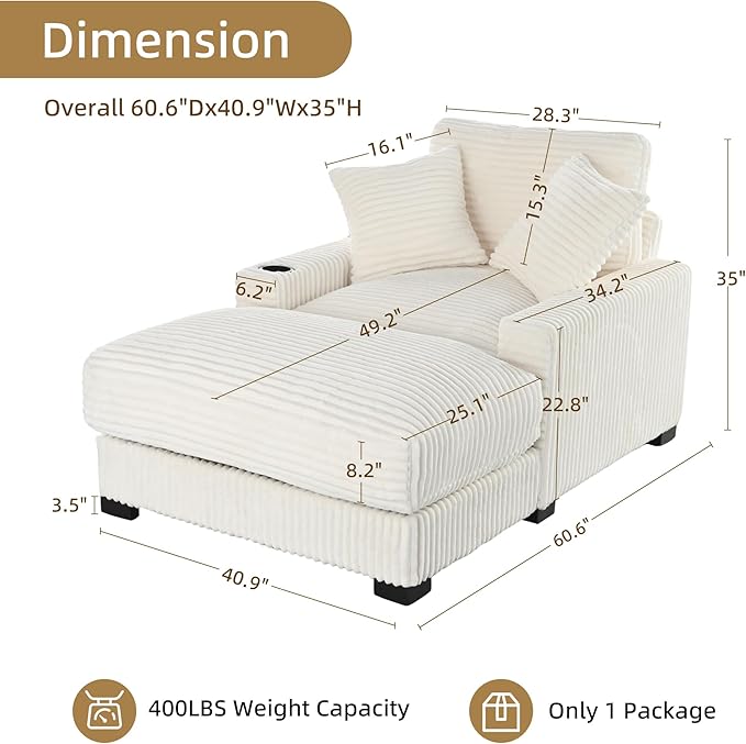 Oversized 60" Chaise Lounge Chair with Adjustable Backrest, Solid Wood Frame Corduroy Upholstery, Cup Holder USB & Type-C Port, 2 Pillows Sleeper Couch Deep Seat for Living Room, Bedroom, White