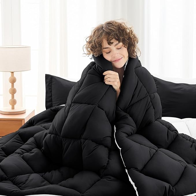 MUXHOMO 5 Pieces Twin XL Comforter Set, Reversible Bed in a Bag Twin XL Size, All Season Bedding Set with Comforter, Flat Sheet, Fitted Sheet, Pillowcases & Shams, Black & White
