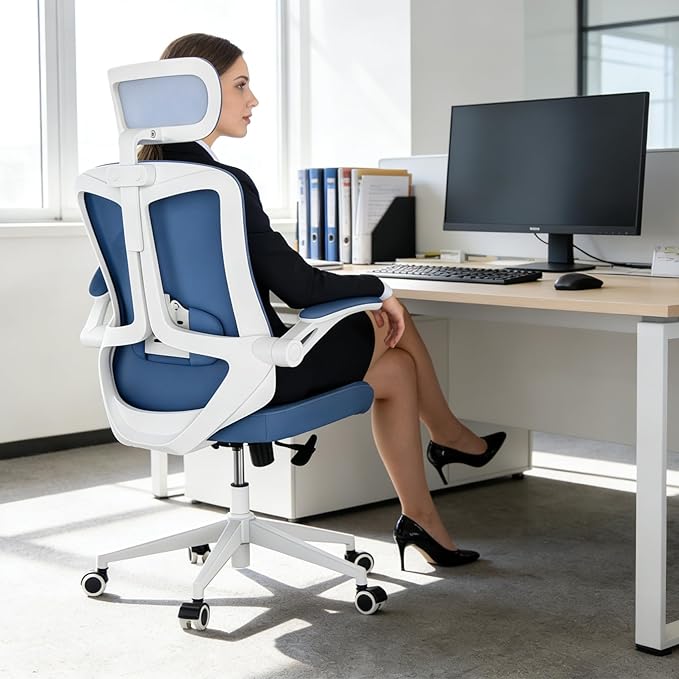 Ergonomic Office Chair - 400LB Comfy Desk Chairs with Adjustable Headrest and Lumbar Back Support, Mesh Computer Chairs with Wheels and Arms for Home Office, Study (Blue-with Headrest)