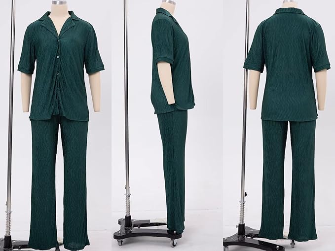 Ekaliy Women's 2 Piece Casual Pleated Outfits Short Sleeve Button Down Shirt High Waist Wide Leg Trouser Sets Suit