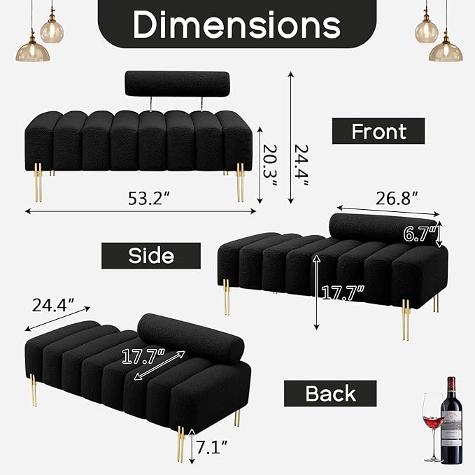 NIOIIKIT 53.2" Modern Loveseat Sofa Couch, Upholstered Accent Sofa with Golden Legs and Adjustable Backrest, Small Teddy Fleece Couches for Bedroom, Living Room, Compact Small Space (Black)