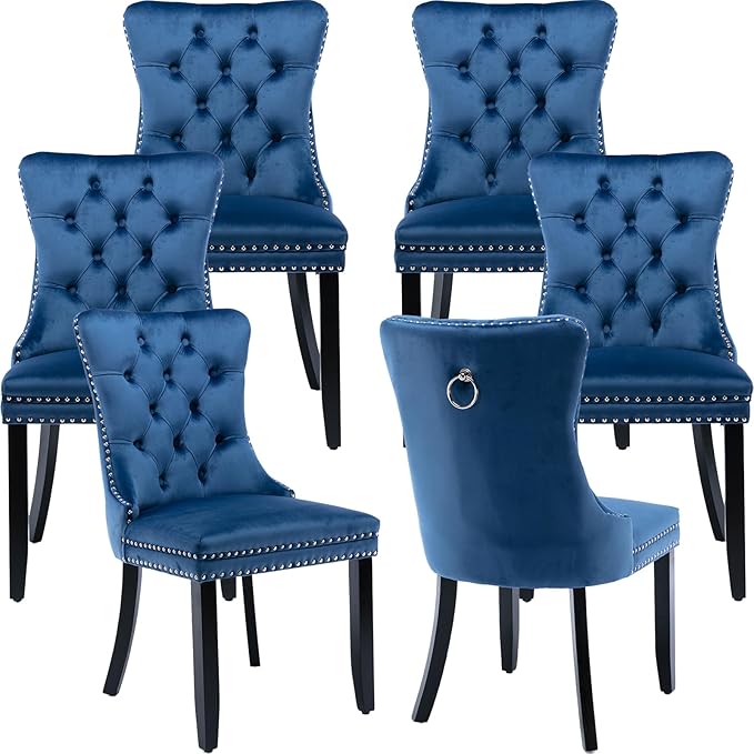 YeahFurn Blue Mid Century Modern Dining Chairs Set of 6, Velvet Upholstered Kitchen & Dining Room Chairs with Nailhead Trim & Solid Wood Legs, Elegant Sillas De Comedor (Blue, 6 Pcs)