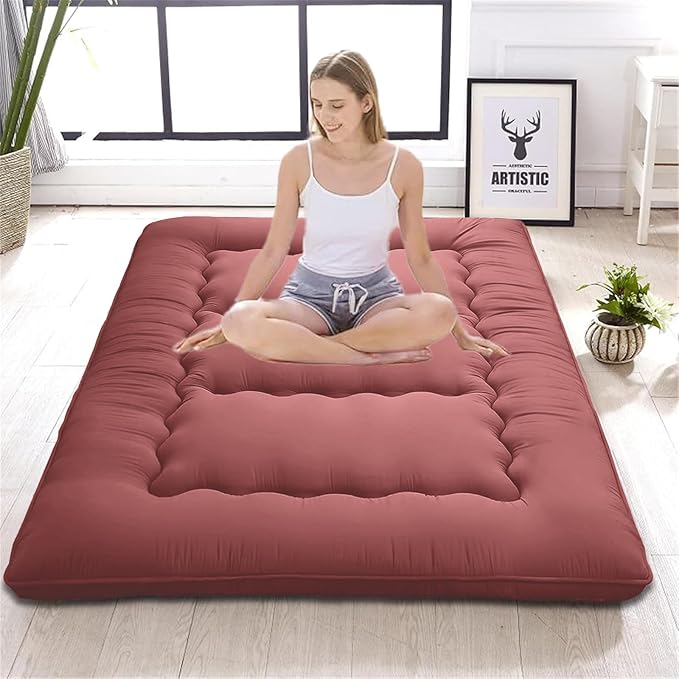Japanese Floor Mattress,Thicken Japanese Floor Sleeping Pad Foldable,Roll Up Tatami Mat Easy to Store and Portable,Futon Mattress Suitable for Camping and Guest Room (Khaki, Queen (80" X 60"))
