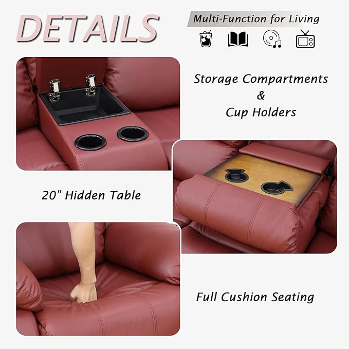 Caberryne Leather Recliner Sofa Set，Leather Reclining Couch for Living Room Furniture Sets，Red Recliner Couch with 5 Recliners for Living Room/Office/Theater Seating(Sofa Set 3 Pieces)