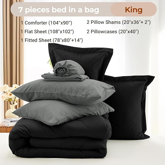 MUXHOMO 7 Pieces King Comforter Set, Soft Bed in a Bag King Size, All Season Bedding Set with Comforter, Flat Sheet, Fitted Sheet, Pillowcases & Shams, Black & Grey
